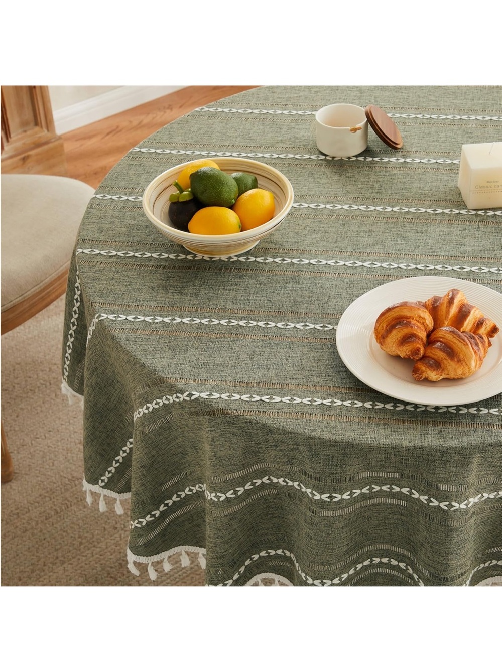 NWOT Hemstitched Embroidery Striped Boho Tablecloth 54 Inch Round Olive